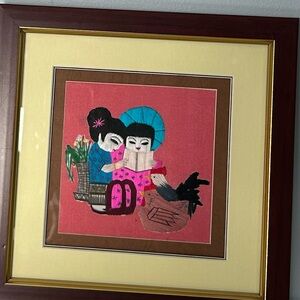 Vintage Framed Hand-Embroidered Asian Textile Art
